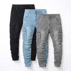 Mens Slim Fit Cargo Denim Jeans - Dark Wash Stretch Poly Side Pockets Distressed Raw Hem Ankle Length Breathable Soft Comfortable Durable Menswear Plain Pants for Streetwear Casual Use summerwins