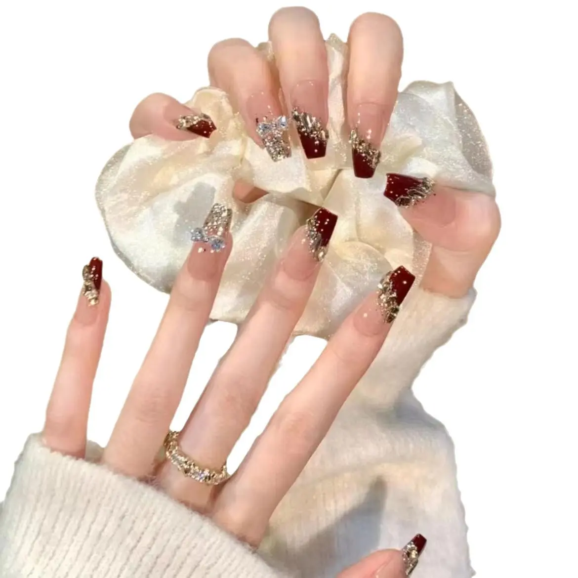Reusable Press-on Nails with 3D Diamond Embossed Bow, Gradient Halo Finish, Acrylic Beauty Products for Easy Nail Art, Nz-119-Short, Manicure At Home, Detachable And Reusable, Glamorous