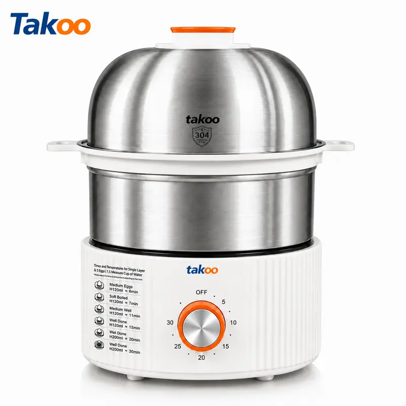 TAKOO 3-in-1 Electric Cooker Machine - 350W Rapid Multi-Cooker with Automatic Shut-Off, Double-Layer Large Capacity 14-Egg Boiler, Steam Function, Poached Eggs Fast, Stainless Steel Accessories, Vegetable Steamer, Measuring Cup, Saves Counter Space