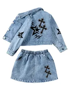 Y2K Star Cross Print Denim Jacket + Short Skirt Set, Casual Street Style Two-Piece, Comfortable Cotton Blend, Fits Ages 8 and Below