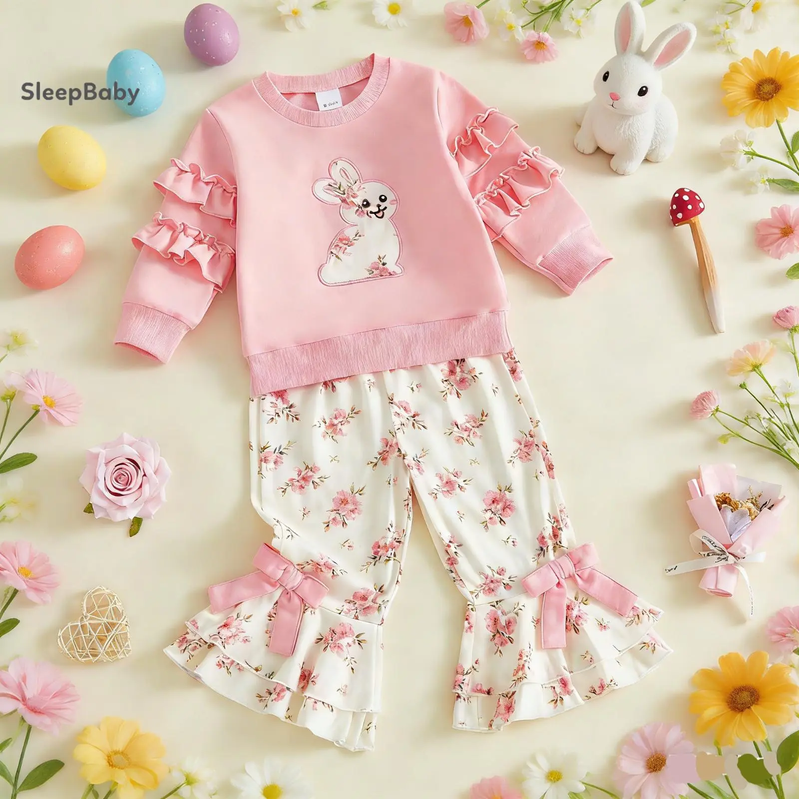 Toddler Girl Casual Cozy 2-Piece Toddler Outfit Set - 1x Cotton-Polyester-Elastane Crew Neck Easter Bunny Embroidery Sweatshirt, 1x Floral Flare Pants (Baby & Maternity Gift Set), Toddler Style