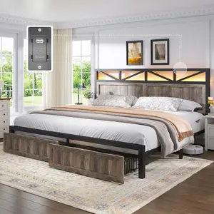 Raybee Farm Style Metal Bed Frame with 2 Drawers, LED Platform Bed Frame with Headbaord & Power Outlet, Modern Bedroom Furniture with Storage,