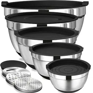 Stainless Steel Salad Bowls Set of 8 with Black Non‑Slip Silicone Base, Lids and Graters, Salad Serving Bowls