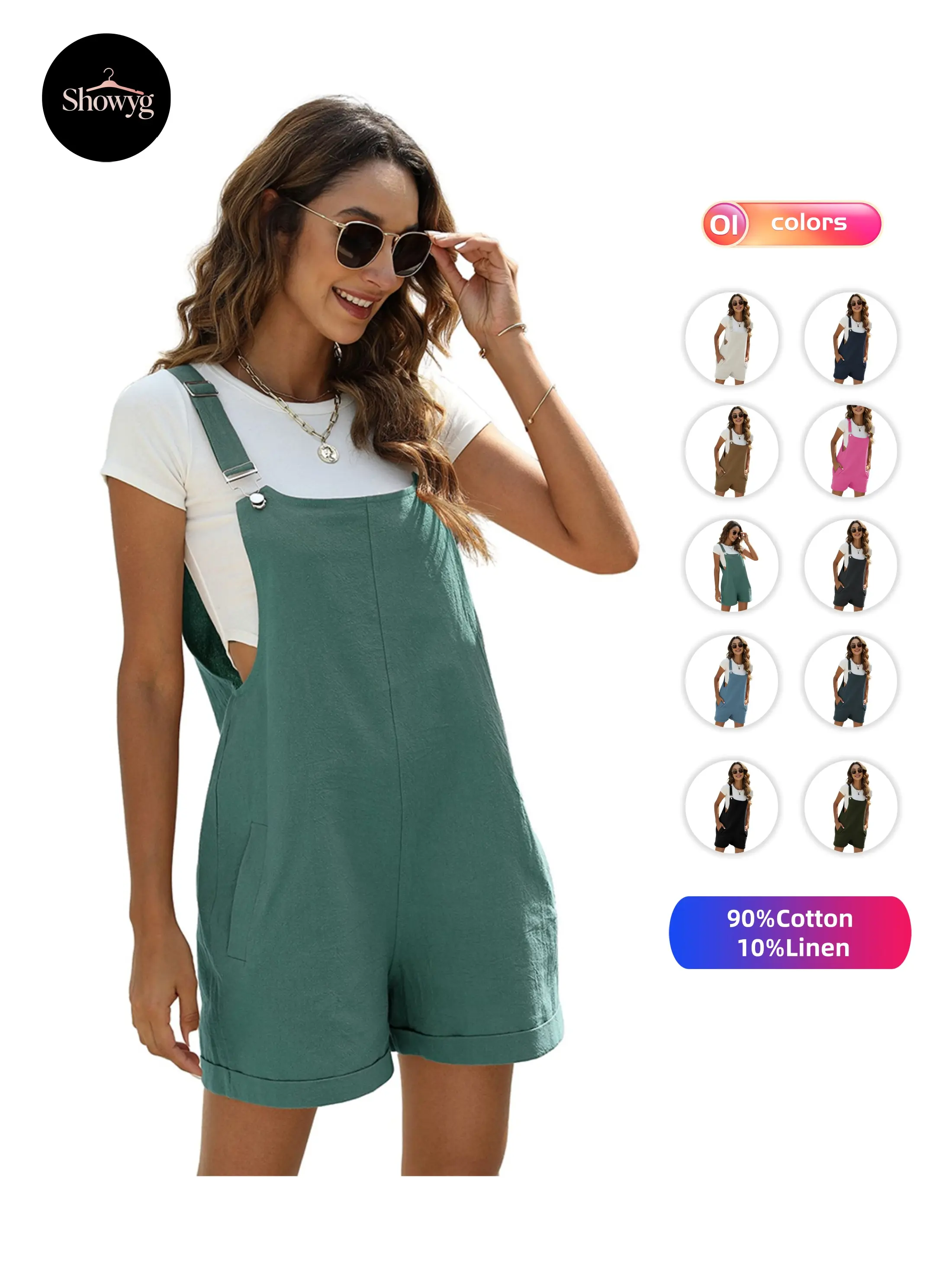 Showyg Women's Cotton Linen Short Overalls Casual Summer Bib Shortalls with Pockets