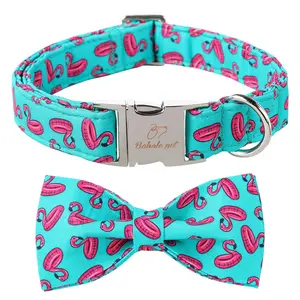 Durable Adjustable Cotton Summer Dog Collar with Cute Flamingo Float Bow Tie for XS-XL Small Medium Large Pets