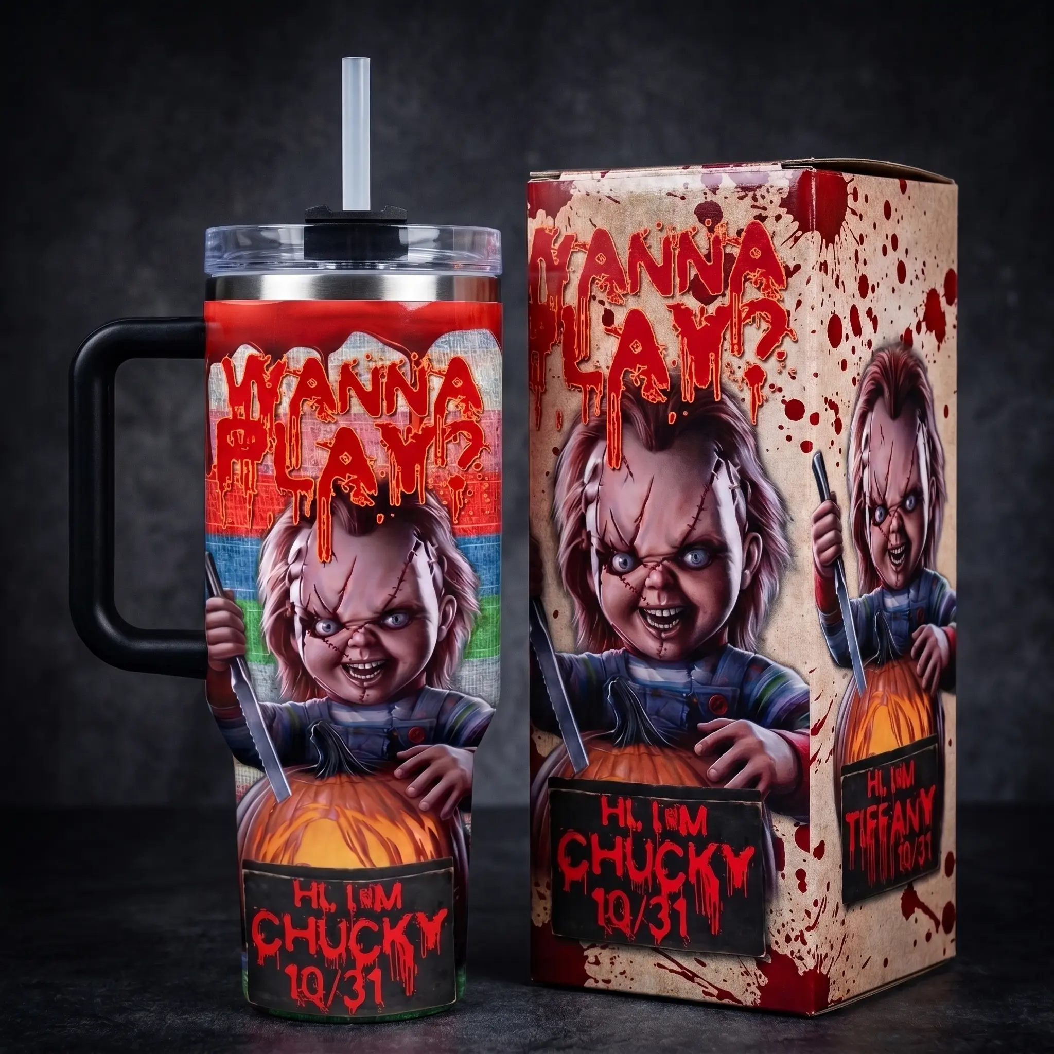 Chucky and Tiffany Couple Tumbler Set with Handle, 40oz Halloween Insulated Stainless Steel Travel Mug with Straw, Bride of Chucky Wanna Play 10/31 Matching Horror Cups, Spooky Halloween Birthday Gift Idea for Couples Boyfriend Girlfriend