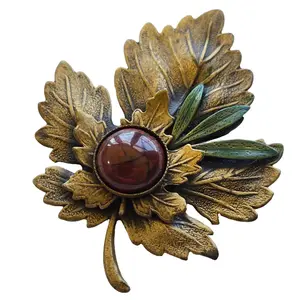 Vintage Antiqued Gold Tone Maple Leaf Estate Jewelry Pin Brooch with Polished Red Agate Stone