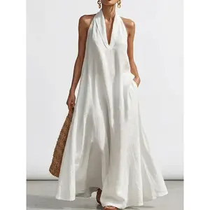 Fashion Maxi Dress Casual Halter V-Neck Oversized Loose with Pockets