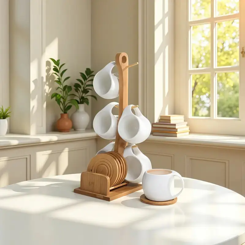 6-Piece Ceramic Coffee Cup Saucer Set with Wooden Bamboo Stand - 200ml Heat-Resistant Mugs, Round Saucers, Coasters - Modern Kitchenware for Home, Office - Stylish Holiday, Birthday Gift for Friends
