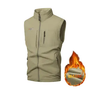 Men's Fleece-Lined Winter Work Vest Beige Khaki Plain Sleeveless Stand Collar Design Multiple Pockets Zipper Details Windproof Neck Protection for Winter Outings Daily Activities Outdoor Work Essentials Menswear Tops SpringStatements