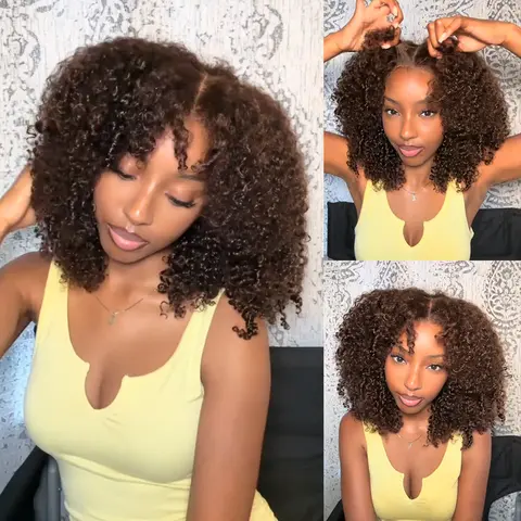 FORGIRL FOREVER #4 Chocolate Brown Kinky Curly Glueless Wig 7x5 Pre Cut Bleached Knots Wear And Go Glueless Wig Lace Front Human Hair Wigs