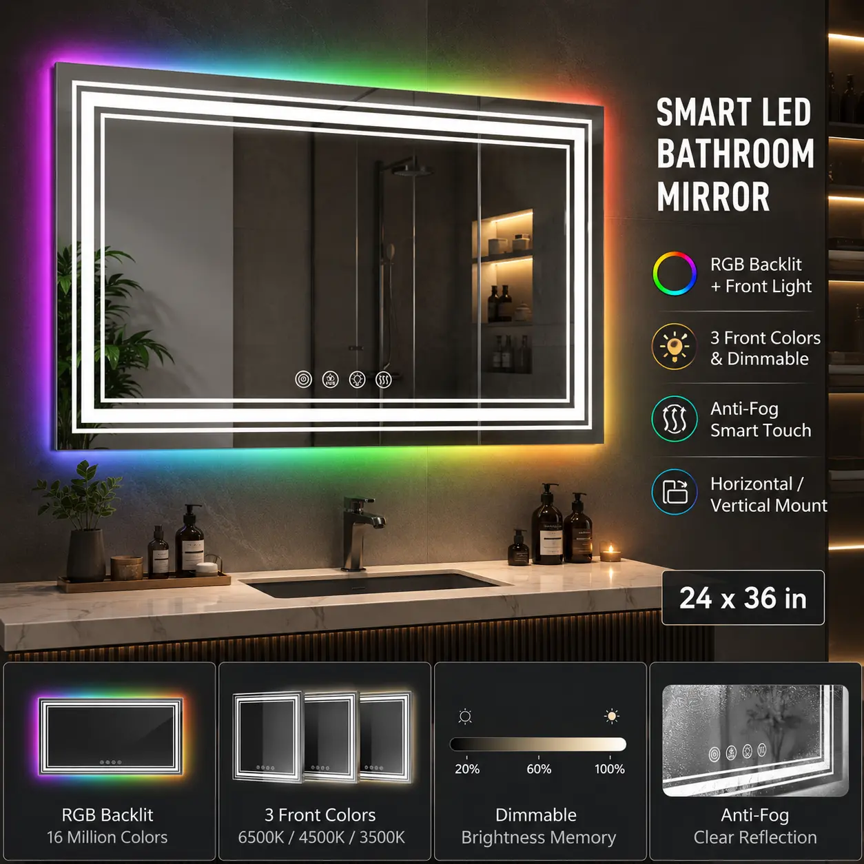 MOSILA 24X36 inch RGB LED Bathroom Mirror Color Changing Backlit + 3 Front Lighting Mirror Anti-Fog Smart Touch Mirror (Horizontal/Vertical)