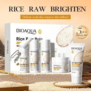 BIOAOUA Rice Essence Moisturizing And Brightening Travel Set, 5-Piece Skincare Kit, Hydrating Cleanser and Moisturizer Combo, Perfect for On-The-Go Use. Including 30g Cleanser, 30ml Toner, 30ml Lotion, 10ml Serum, 15g Face Cream.