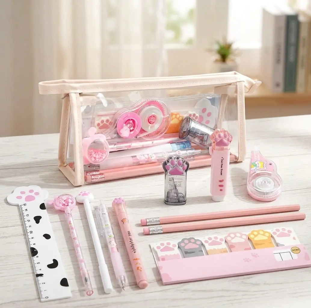 【HUOMAQFAN】 13Pcs Unisex Cutecore Cat Paw Stationery Set - Back-to-School Party Gift Kit with Retractable Pencil, Eraser, Correction Tape, Dot Pens, Ruler, Sticky Notes, Highlighters for Kids, Birthdays, Retractable Tools, Ballpoint Pen