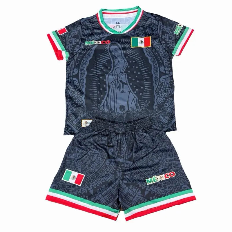 Mexico Soccer Set Virgencita Black Color Unisex Jersey & Shorts for Fans with Iconic Virgin Mary Design