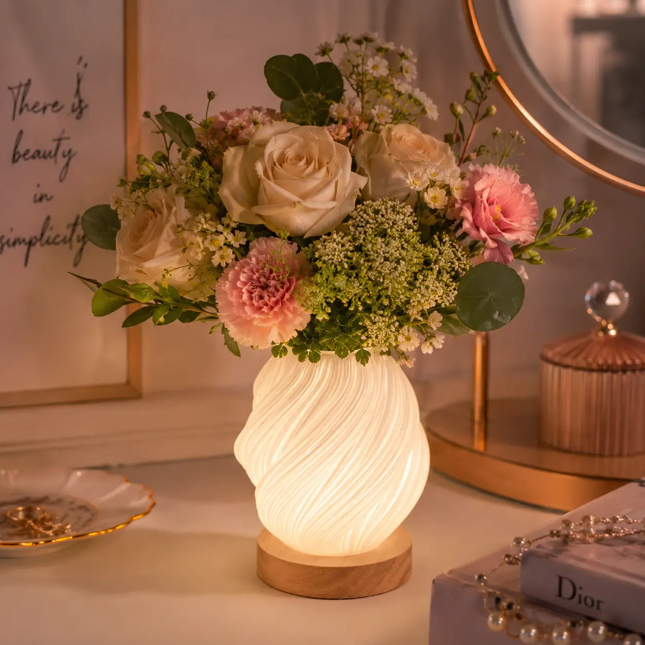 LED Vase Night Light - Compact Boho Rustic Home Decor with Warm Glow, Wave Texture, Wooden Base, Multi-Use for Living Rooms, Bedrooms, Small Capacity
