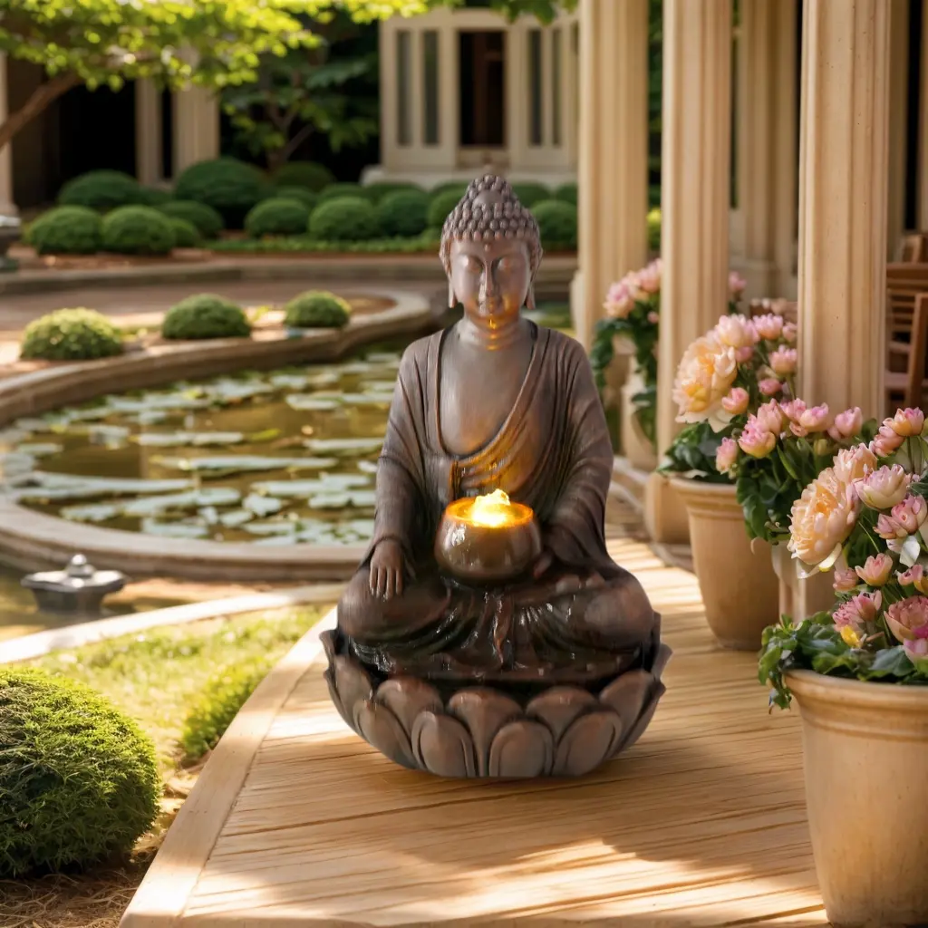 Traditional Religious Carved Zen-Style LED Light Buddha Statue Fountain - 12.6"l x11.4"w x20.3"h, Indoor/Outdoors Durable Yellow Reflective Lighting, Water Pump, Meditation Ornament, Elegant Decor Gift