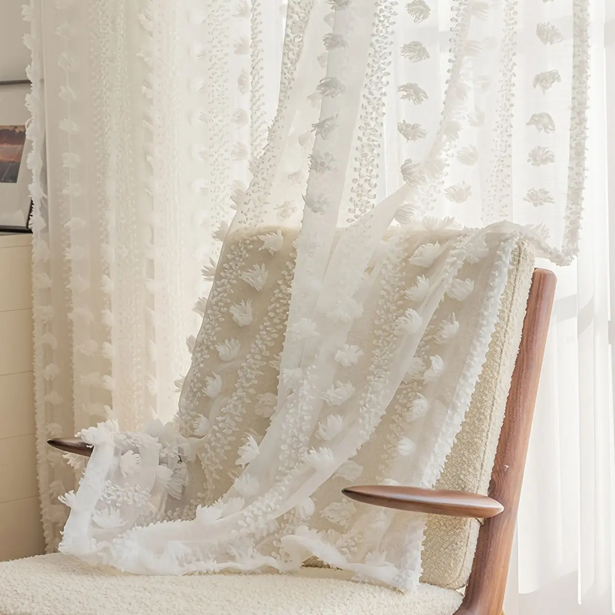 French Country Pom Pom Sheer Curtains, Rod Pocket Light Filtering Voile Drapes, Rustic Textured Window Treatments for Living Room & Dining Room, Room Decor Curtain, Home Decoration Curtain