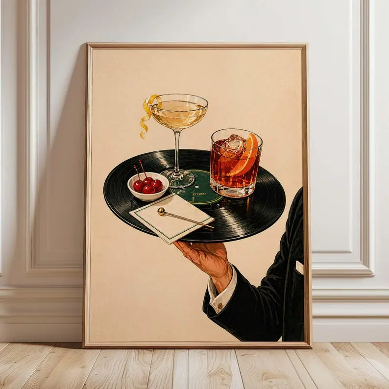 Vintage Cocktail Print, Vinyl Record Bar Tray, Retro Martini Lounge Decor