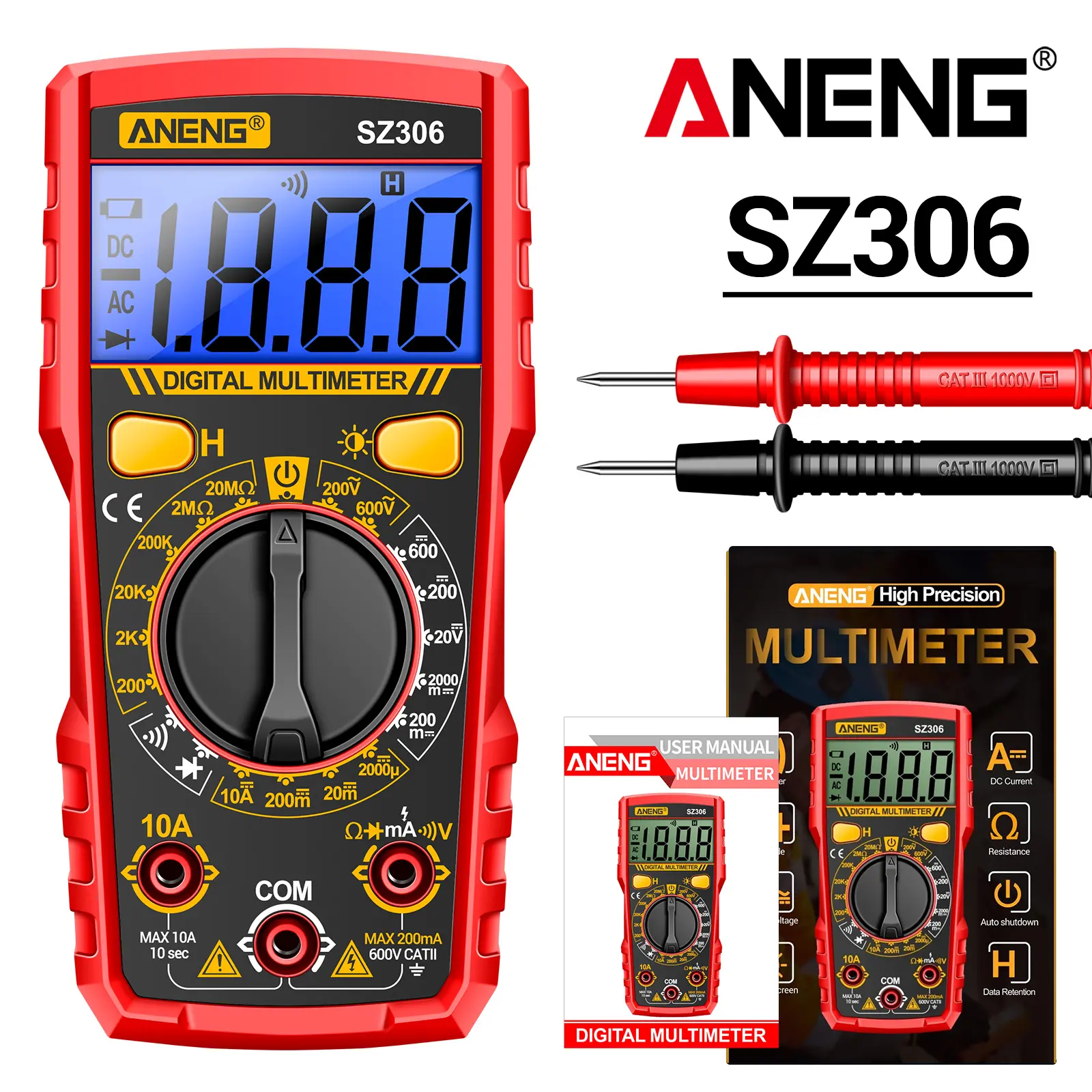 ANENG Digital Multimeter with Case,DC AC Voltmeter,Ohm Volt Amp Meter | Non Contact Voltage Tester Measure DC ACVoltage,Current,Resistance,Capacitance,Diodes,Flashlight Electric Tools Automotive. Multimeter Tester Smart Digital Multimeter