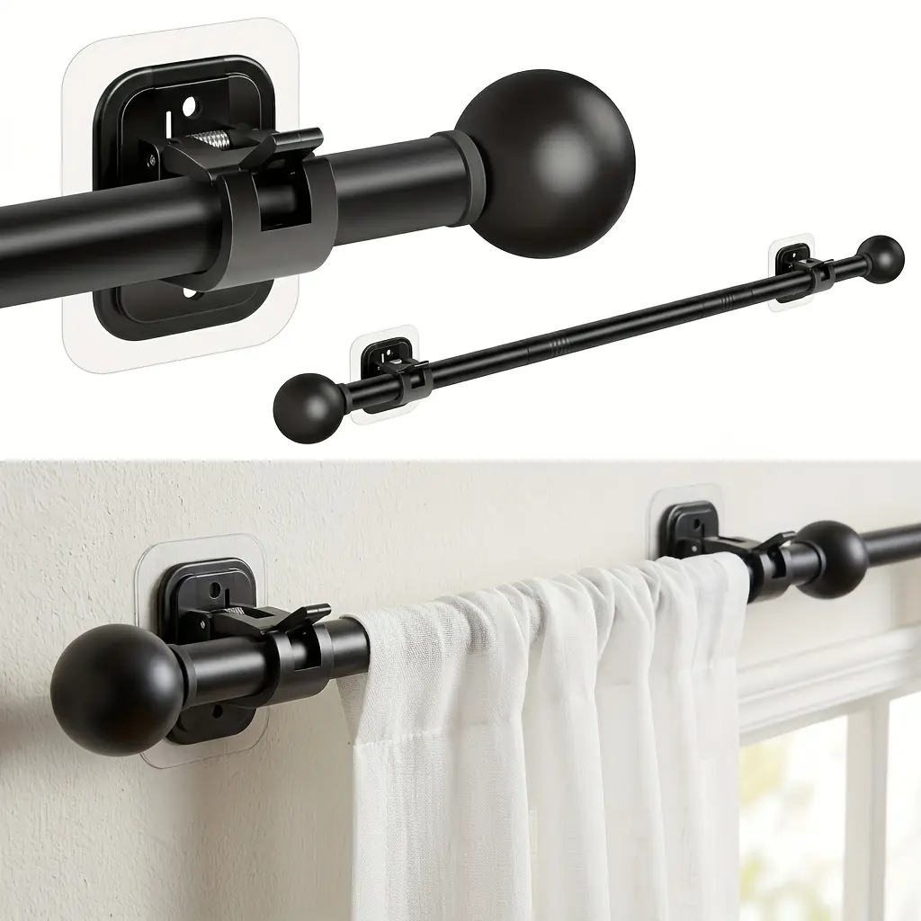 Curtain Rods No Drilling for Windows Set 32 to 48 Inch, 5/8 Inch Diameter Drapey Pole with No Drill Curtain Rod Brackets, Renter Friendly Cortineros Para Ventanas with Adhesive Holder Hook (Black)