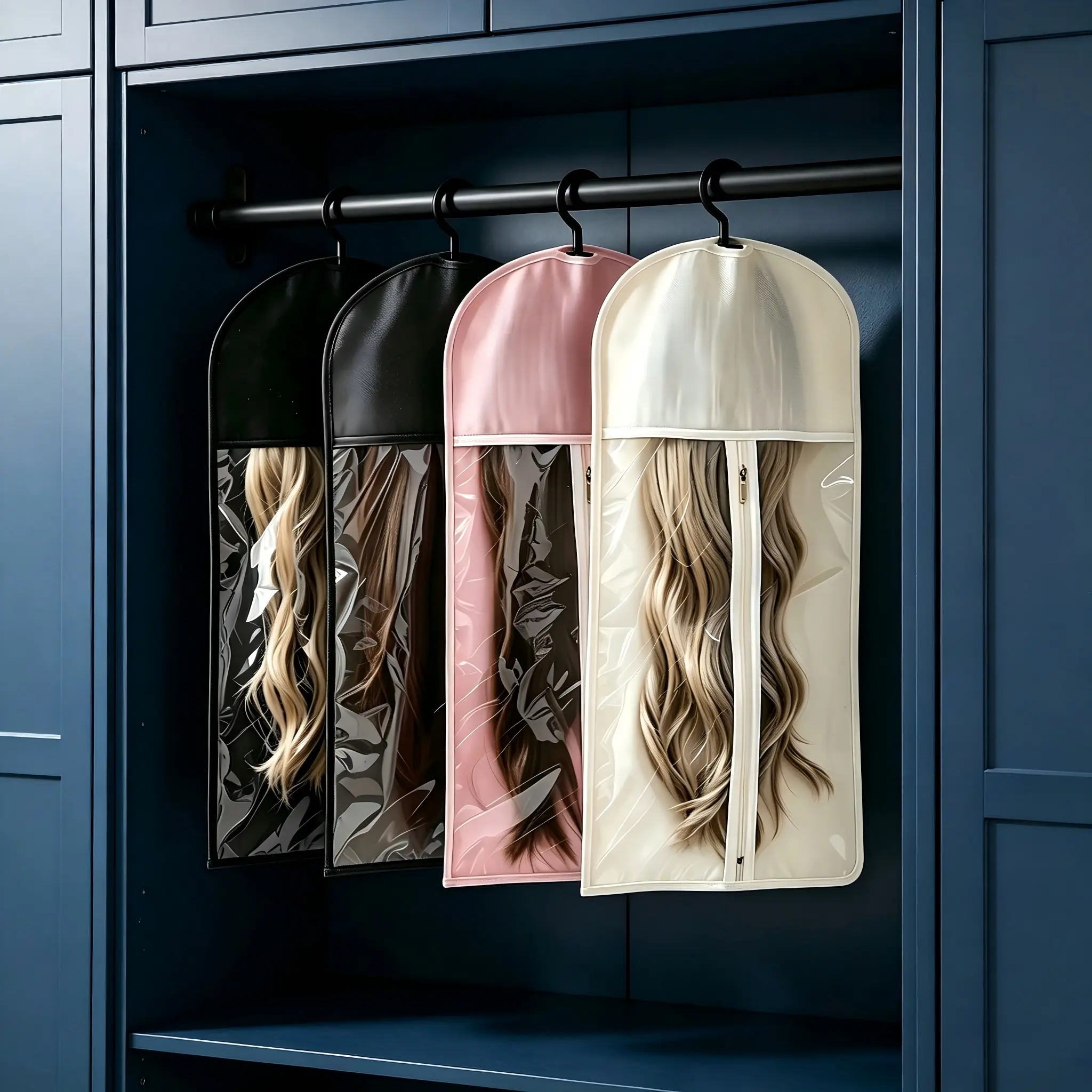 4 Pcs Wig Storage Bags With Hooks in 4 Colors, Zipper Transparent Dustproof Wig Storage Hanger Bags, Hair Extension Holders Fit Multiple Wigs, Storage Organizer for Hair Tools & Wig Accessories, Ideal for Salon, Home and Halloween Use