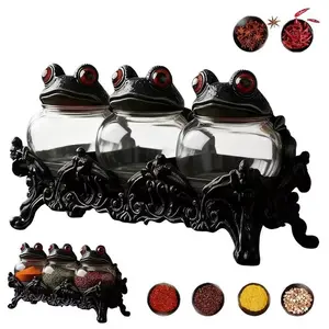3-Pack Frog Spice Jars with Base, Handmade Vintage Gothic Glass Containers, Frog Lid, Suitable for Salt Pepper Herbs Tea Kitchen Storage