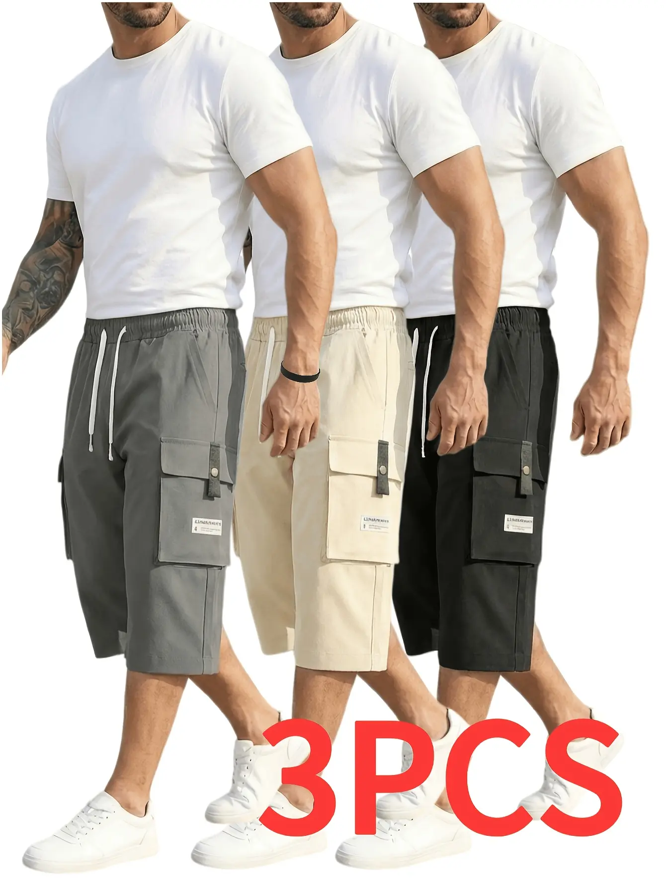 3-pack men’s cargo shorts, tear-resistant fabric, multi-pocket design, adjustable waistband and three-quarter length, suitable for outdoor travel, sports, and casual wear