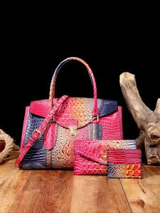 3-Piece Set Colorful Crocodile Pattern Large Capacity Zipper Lock Handbag + Clutch Bag + Card Holder, Stylish & Practical Accessories