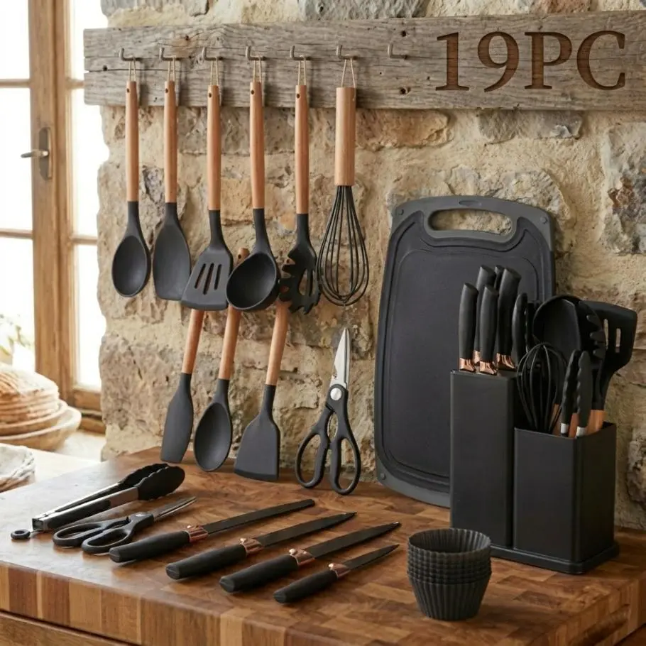 summerwins 28PCS Complete Silicone Kitchen Cookware Set - Cutting Board, Serrated Blades, Heart-Shaped Non-Stick Heat-Resistant Multifunctional Pan, Black-Pink Storage, Durable Gift-Ready Housewarming Gift for Home Cooks, Complete Kitchen Set, Healthy Kit