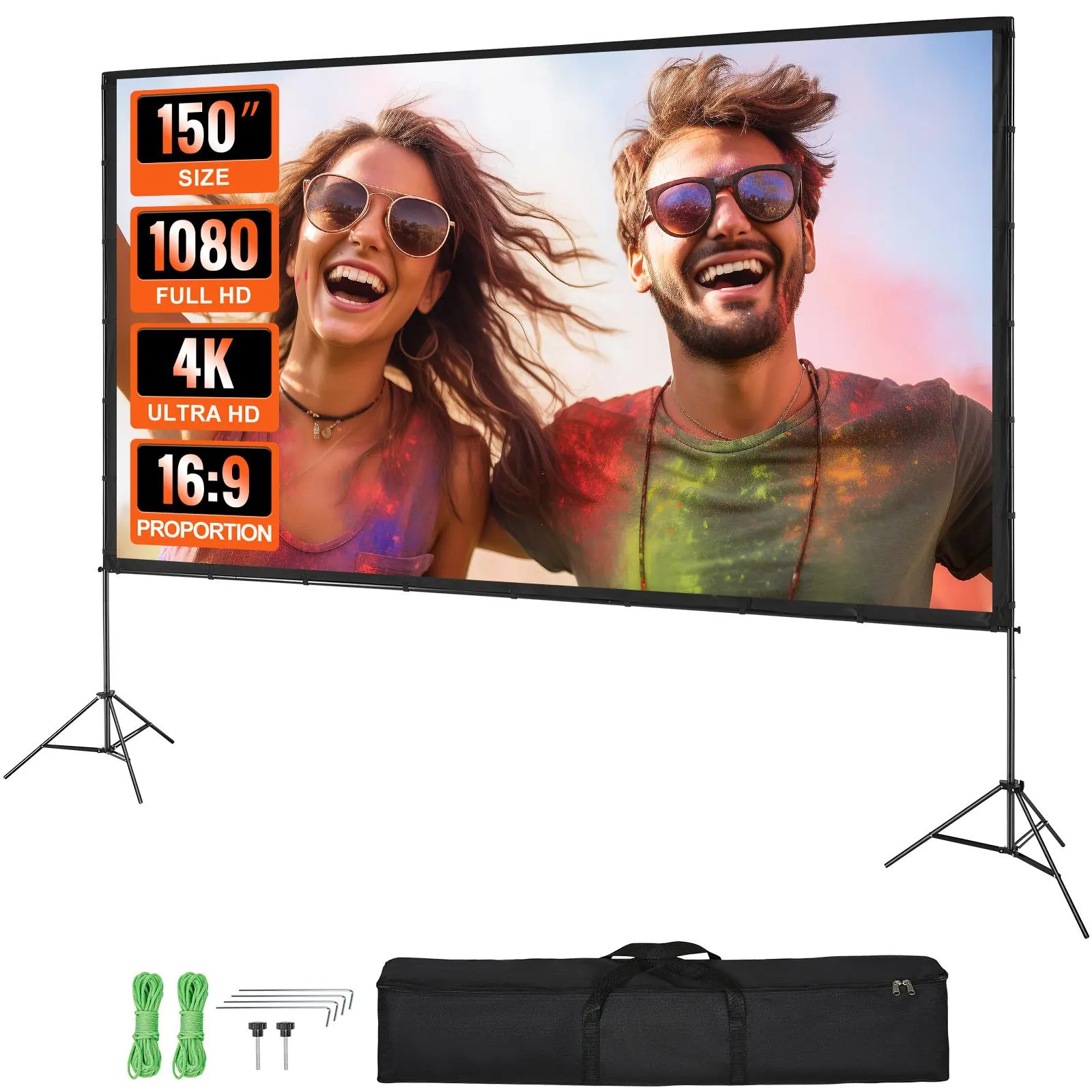【summerfinds】VEVOR Projector Screen with Stand, 150 inch 16:9 4K 1080 HD Outdoor Movie Screen with Stand, Wrinkle-Free Projection Screen with Tripods and Carry Bag, for Home Theater Cinema Backyard Movie Night
