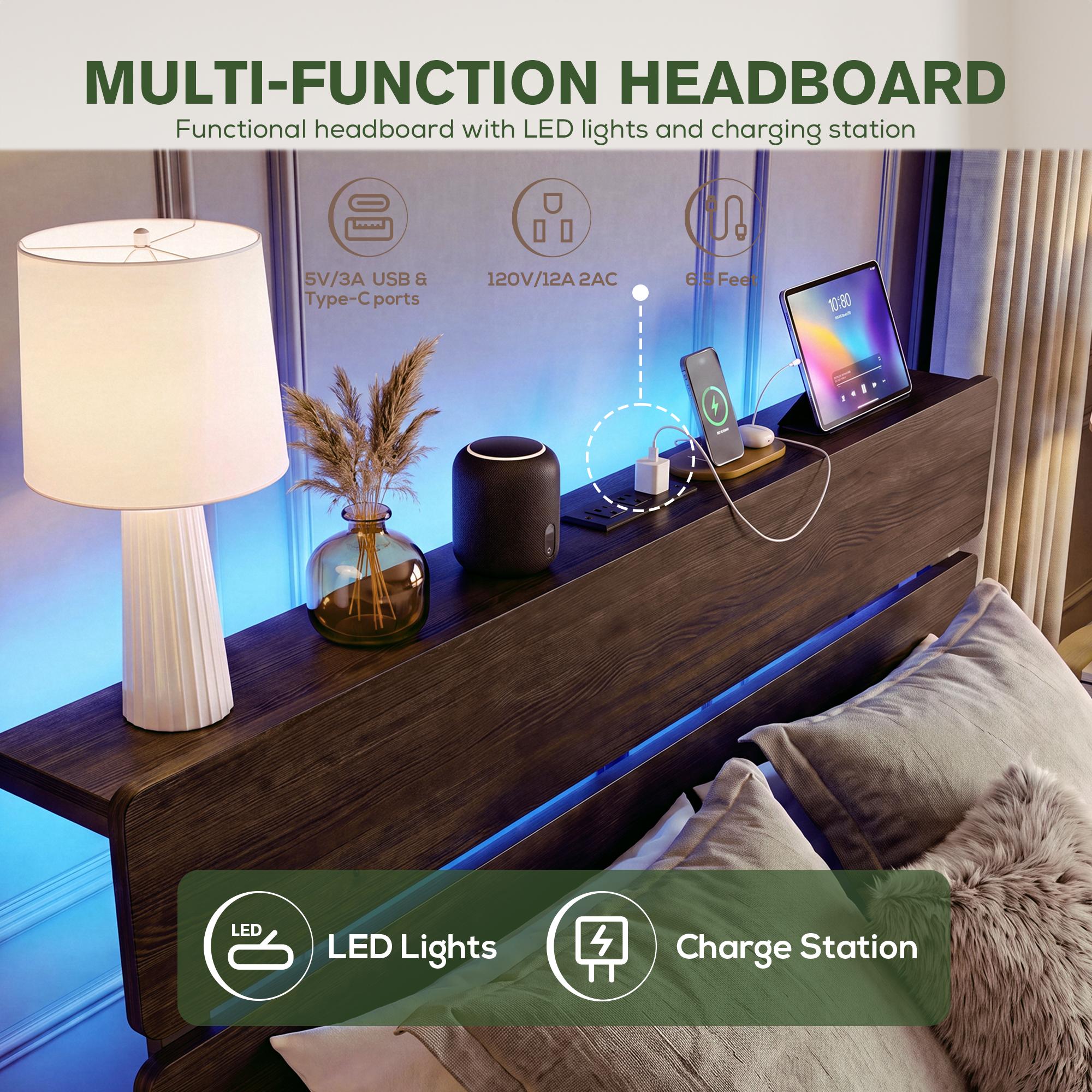 MUTICOR LED Bed Frame with 2 Fabric Storage Drawers, Charging Station & MDF Storage Headboard, Steel Slat Platform Bed with Underbed Storage, No Box Spring Needed
