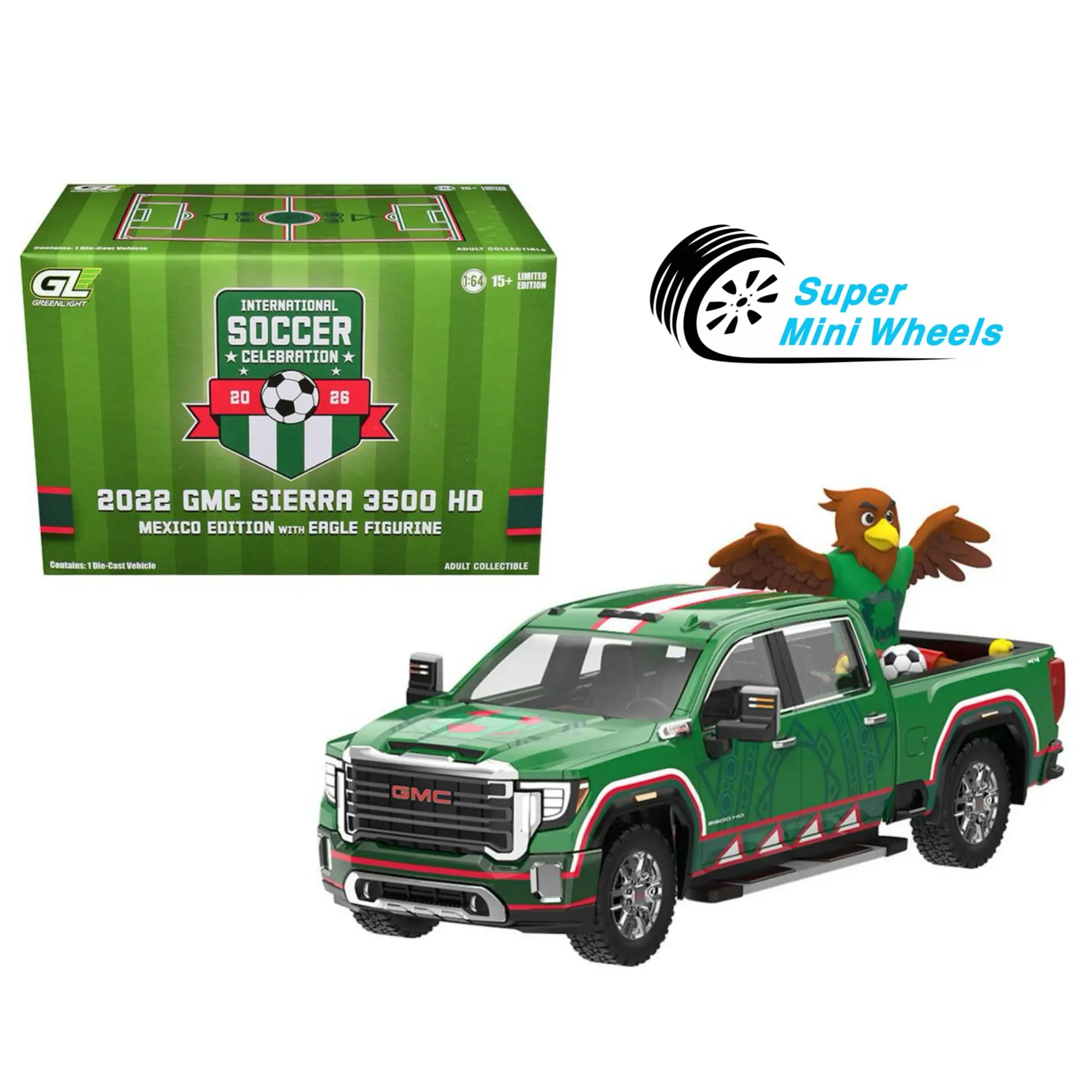 Greenlight 1:64 International Soccer Celebration ’26 – 2022 GMC Sierra 3500 HD Mexico Tribute with Eagle #30589