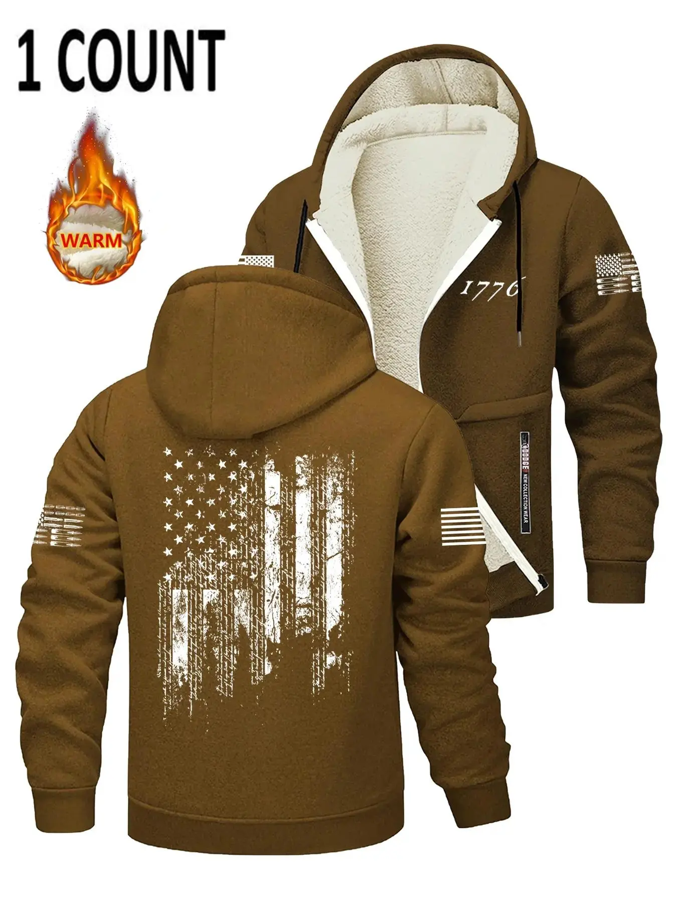 Men's Fleece Lined Zipper Hoodie Jacket, Flag Print Design, Soft Comfortable Fabric, Casual Fashion Outerwear for Fall & Winter Seasons