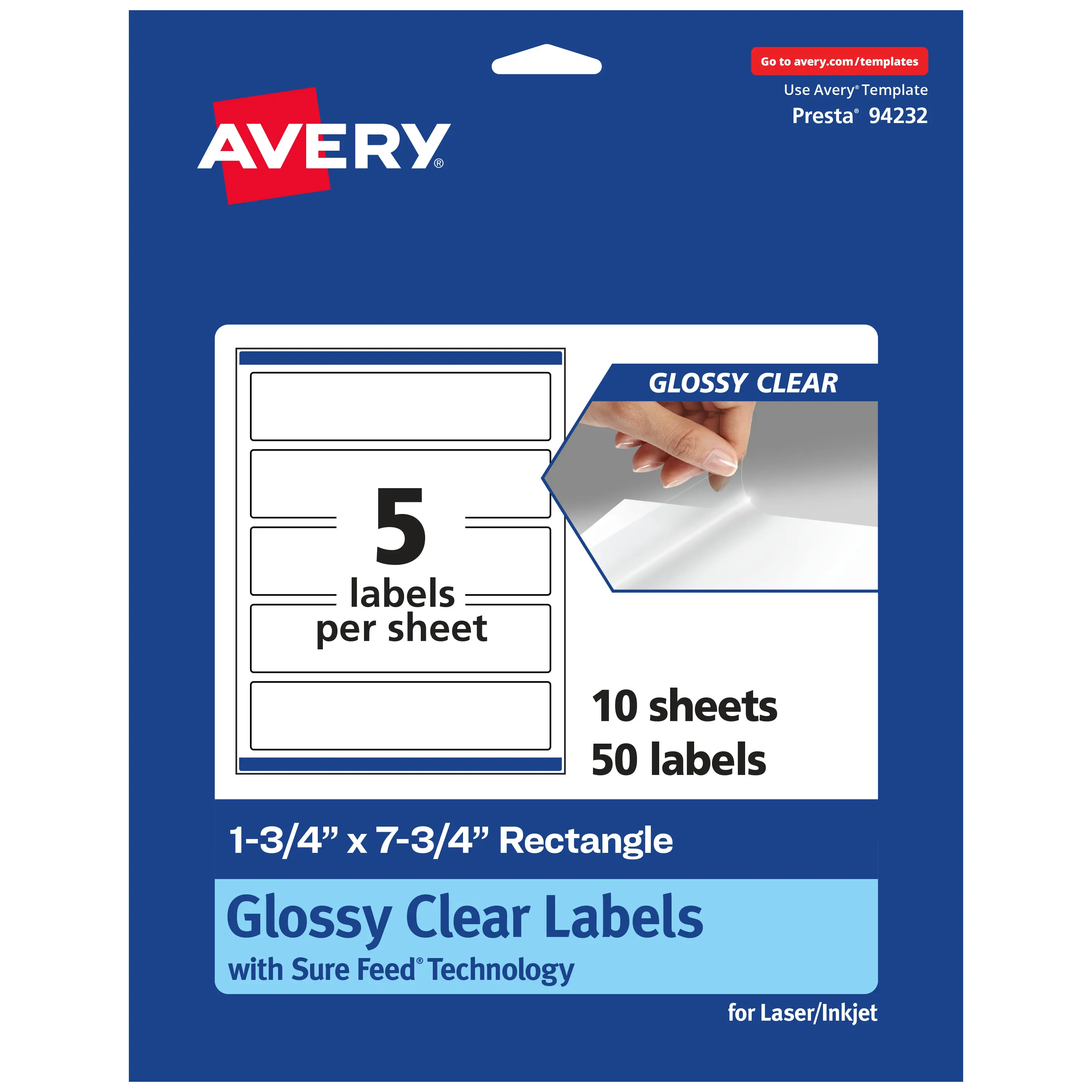 Avery Glossy Clear Rectangle Labels with Sure Feed, 1.75" x 7.75"