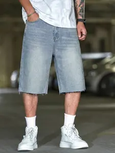 Men's Street Style Casual Loose Denim Jeans Shorts, Menswear, Retro Vintage Stone Washed, Rhinestone Embellished, Raw Edges, Y2K Luxe Style, Ideal for Daily Summer Streetwear, Perfect Gift for Husband or Boyfriend
