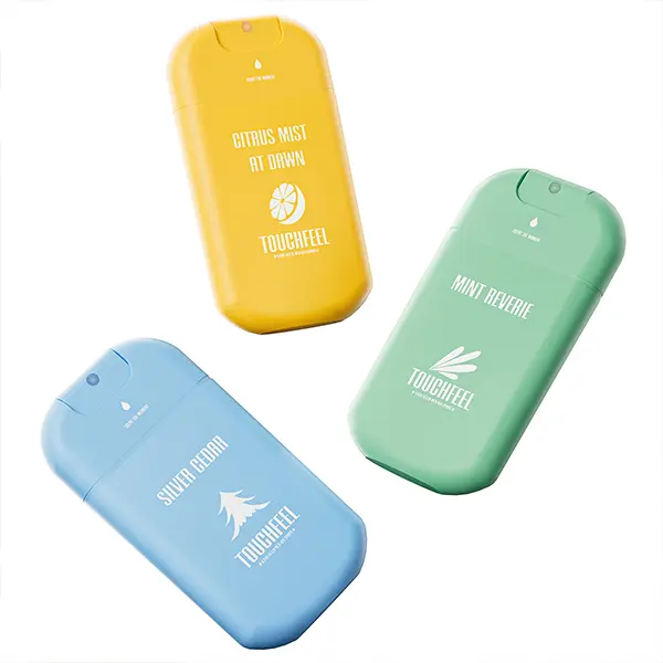 TOUCHFEEL Spray Hand Sanitizer Travel Size Scented 3-Pack - Refillable Hydrating Hand Sanitizers Portable Design Travel Essentials (Mint Reverie, Silver Cedar, Citrus mist at dawn) 0.93Fl Oz Each