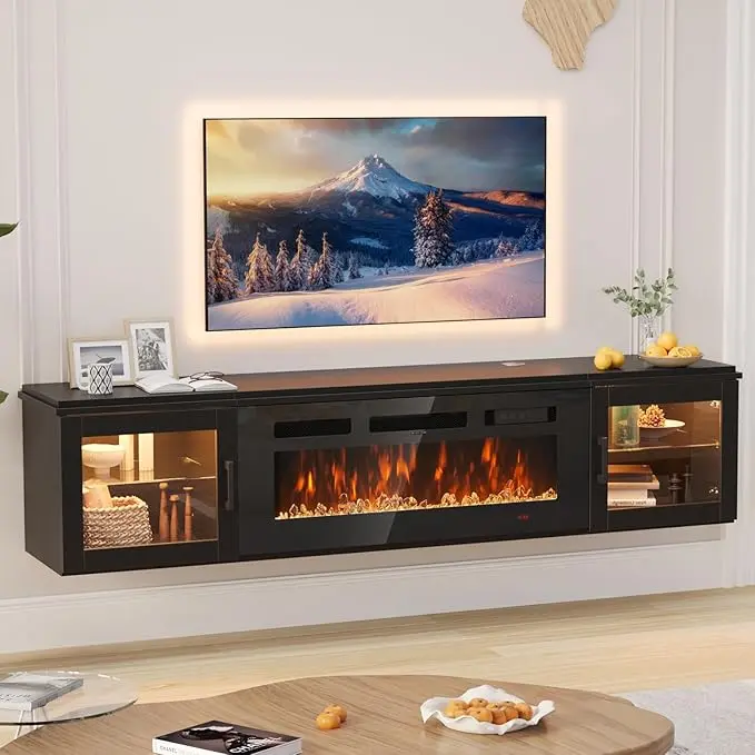 Floating TV Stand with 36" Electric Fireplace High Gloss Finish Wall Mounted Entertainment Center for TVs Up to 80" Black TV Stand and Fireplace