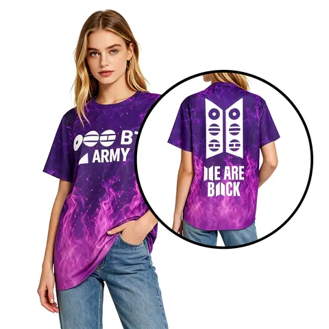 Women's Short-Sleeve Crew Neck T-Shirt - Kpop ARMY Pride Tee with Purple Flame Print, Bangtan Style Top Featuring Member Names (JIN 92, SUGA 93, RAP MONSTER 94, J-HOPE 94, JIMIN 95, V 95, JUNG KOOK 97), Casual Streetwear Athletic Concert Outfit