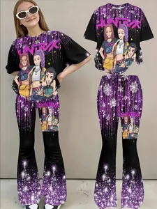 Sweet Cool Style 3D Set, Gradient Cartoon Print, Short Sleeve Flared Pants Two-Piece Set, Casual Slim-Fitting, Clothes