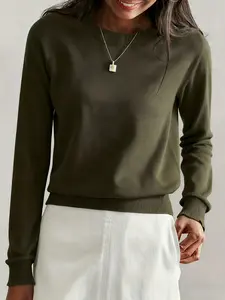 Elegant Long Sleeve Round Neck Design Sweater, Stylish Ribbed Cuff Detail Comfortable Fit Knitwear, Versatile Office & Casual Wear