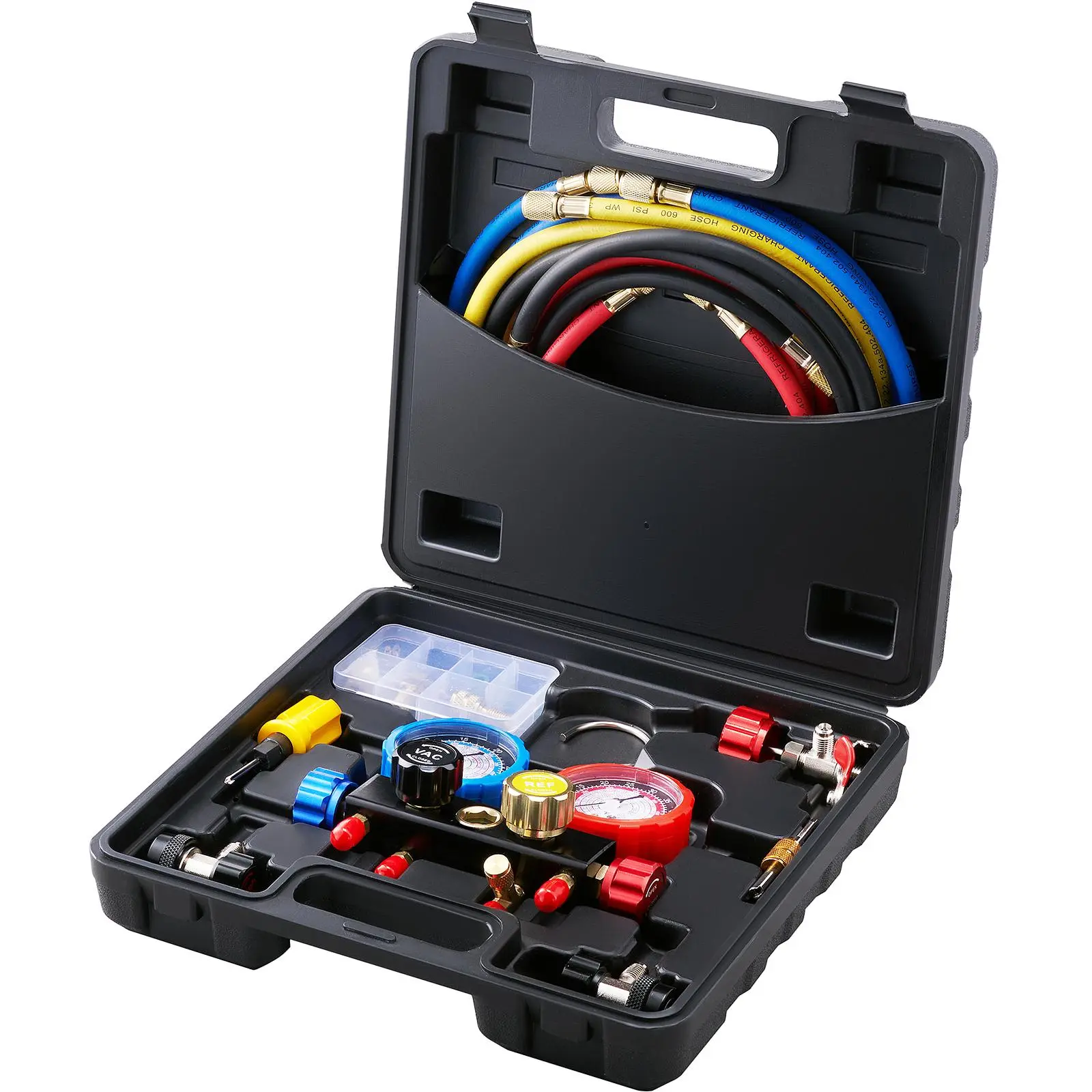 VEVOR High Pressure HVAC Gauges Complete Kit, 4-Way AC Manifold Gauge Set with Solid Brass Components, PVC Hose, Couplers & Can Tap for R134A R22 R12 R410A, Automotive Maintenance Tools for Easy DIY HVAC Fixes, Car Freon Charging & Evacuation