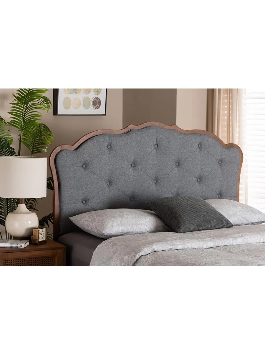 Baxton Studio Leandra Queen Size Classic Headboard - Adjustable, Fabric-Covered, Frame Headboard, Grey & Walnut Brown Fabric & Wood, 60x80.9x1.4 in., Adjustable Bed Headboards, Classic Headboards