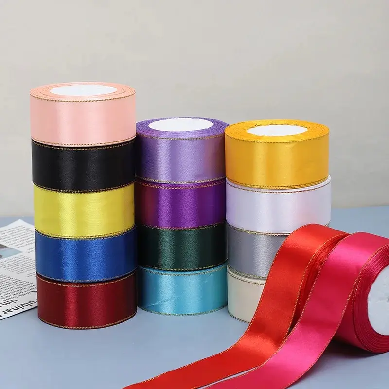 Eternal Roses Gold-Edged Satin Ribbon (1 Roll) - 25 yd, 1.5"/4cm Width Decorative Wrapping Supply for Weddings, Gift Packaging, Birthday Parties