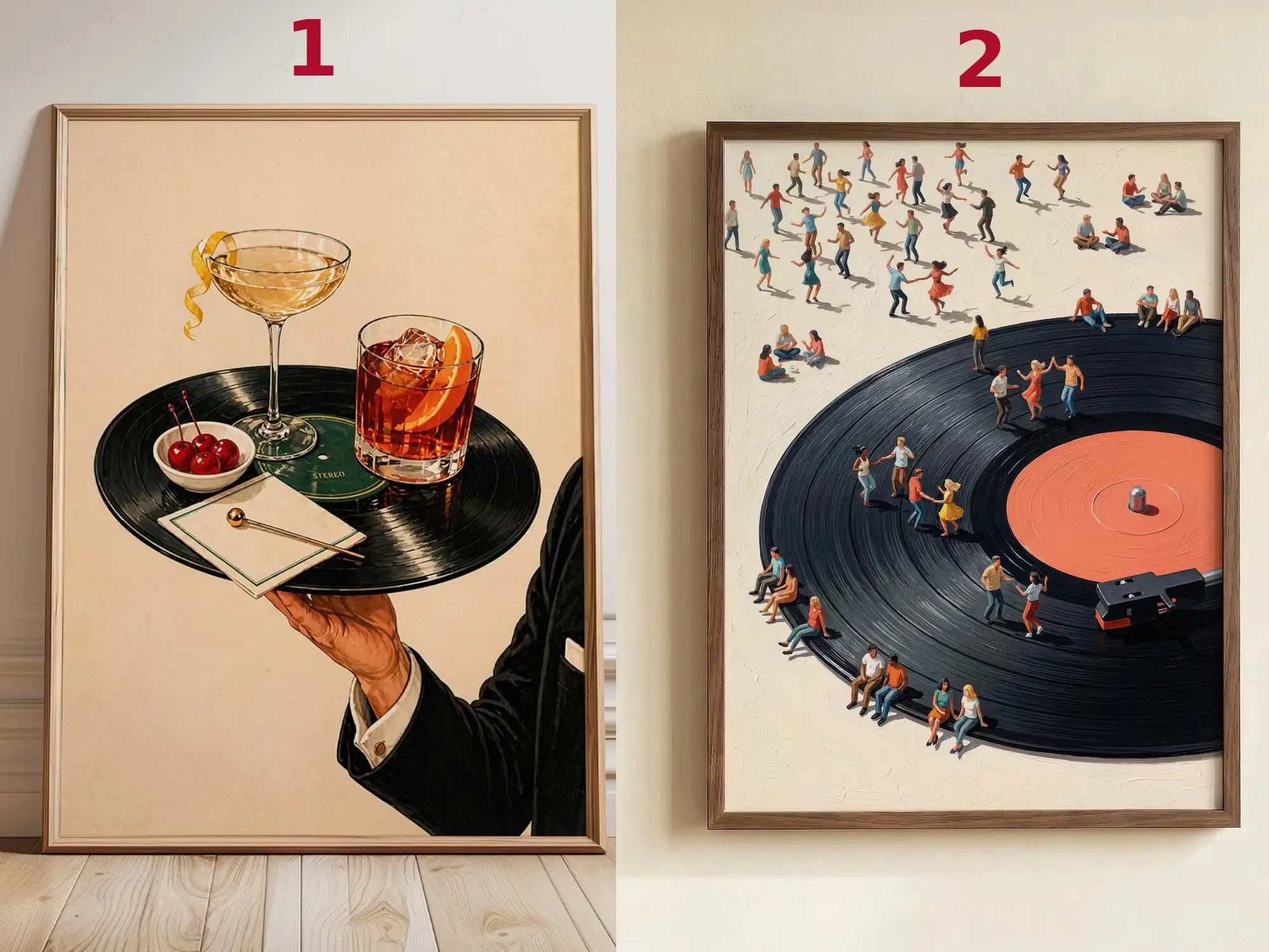 Vinyl Record Player Art Print, Retro Music Lover Poster with Dancing Figures, Cocktail Martini Lounge