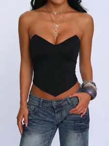 Women Strapless Corset Top Sexy Bustier Tube Top Black Slim Fit Bodycon Corset Blouse Deep V Push Up Going Out Top Y2K Clubwear Party Top Fashion Strapless Bodice Top Shaping Corset Top Night Out Streetwear Camisole Top