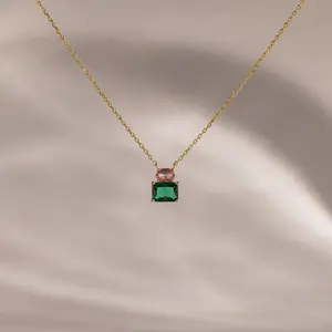 Emerald Bloom Necklace by Caitlyn Minimalist - Pink Tourmaline & Green Emerald Charm Necklace in 18K Gold Finish & Sterling Silver - Dainty Gemstone Jewelry - Friend Gift