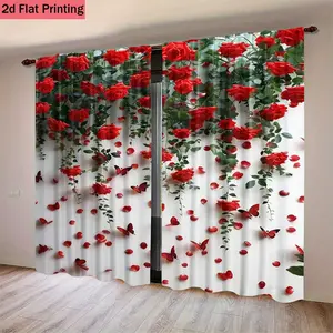 Valentine's Day Theme 2pcs Romantic Rose Print Curtains, Polyester Material, Privacy Protection, Fade Resistant, Hand Washable