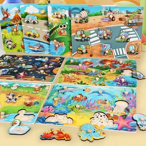 Wooden Hand Catch Board Puzzle for Kids Animal Cartoon Flat Puzzle, Preschool Baby Educational Toy, Early Learning Game, Montessori Puzzles Gift, Wooden Puzzles