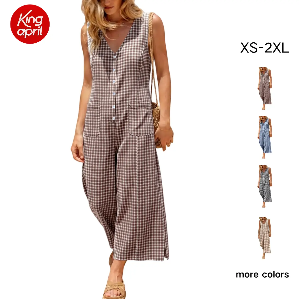 Kingapril Women's Retro Plaid Jumpsuit in Breathable 100% Cotton, Sleeveless Wide Leg Summer Essential with an Adjustable Waist & Pockets, Vintage, Piece, Overalls For Women, Loose-Fit, Style, Classic, Checkered, Basics, V-Neck, Drawstring, Cold Wash